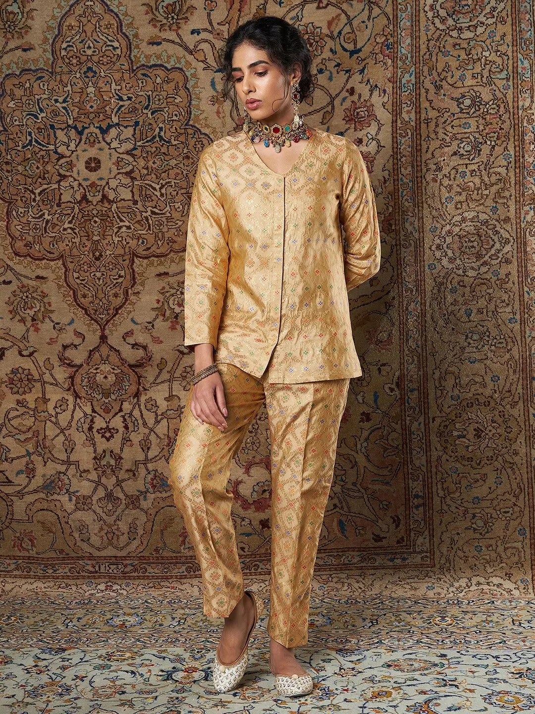 Golden Brocade Shirt & Pants Set | Women's Indian Kurta Sets