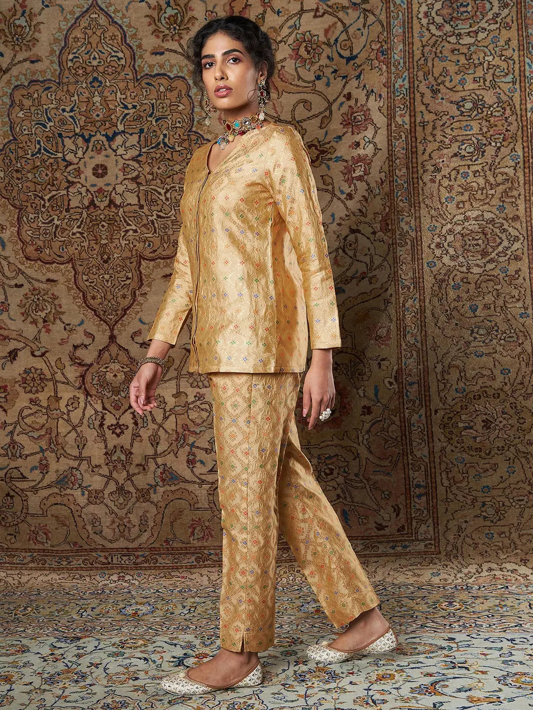 Golden Brocade Shirt & Pants Set | Women's Indian Kurta Sets