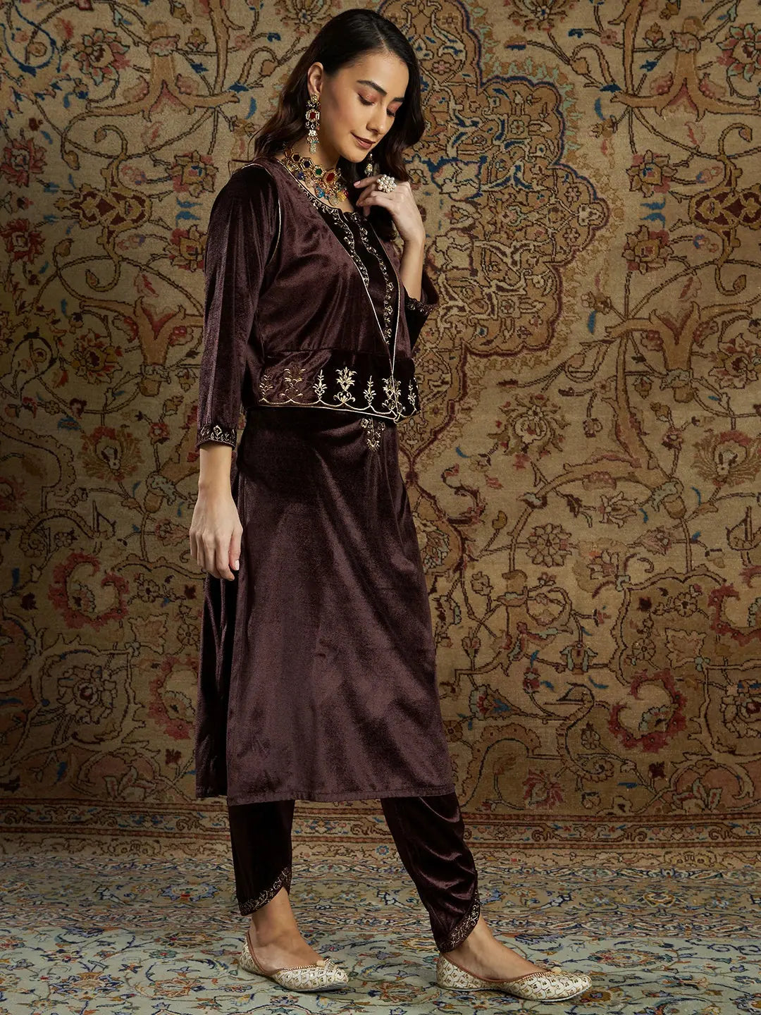 Brown Velvet Kurta Set with Waistcoat | Designer Kurta Sets