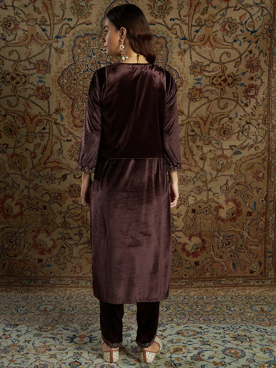 Brown Velvet Kurta Set with Waistcoat | Designer Kurta Sets