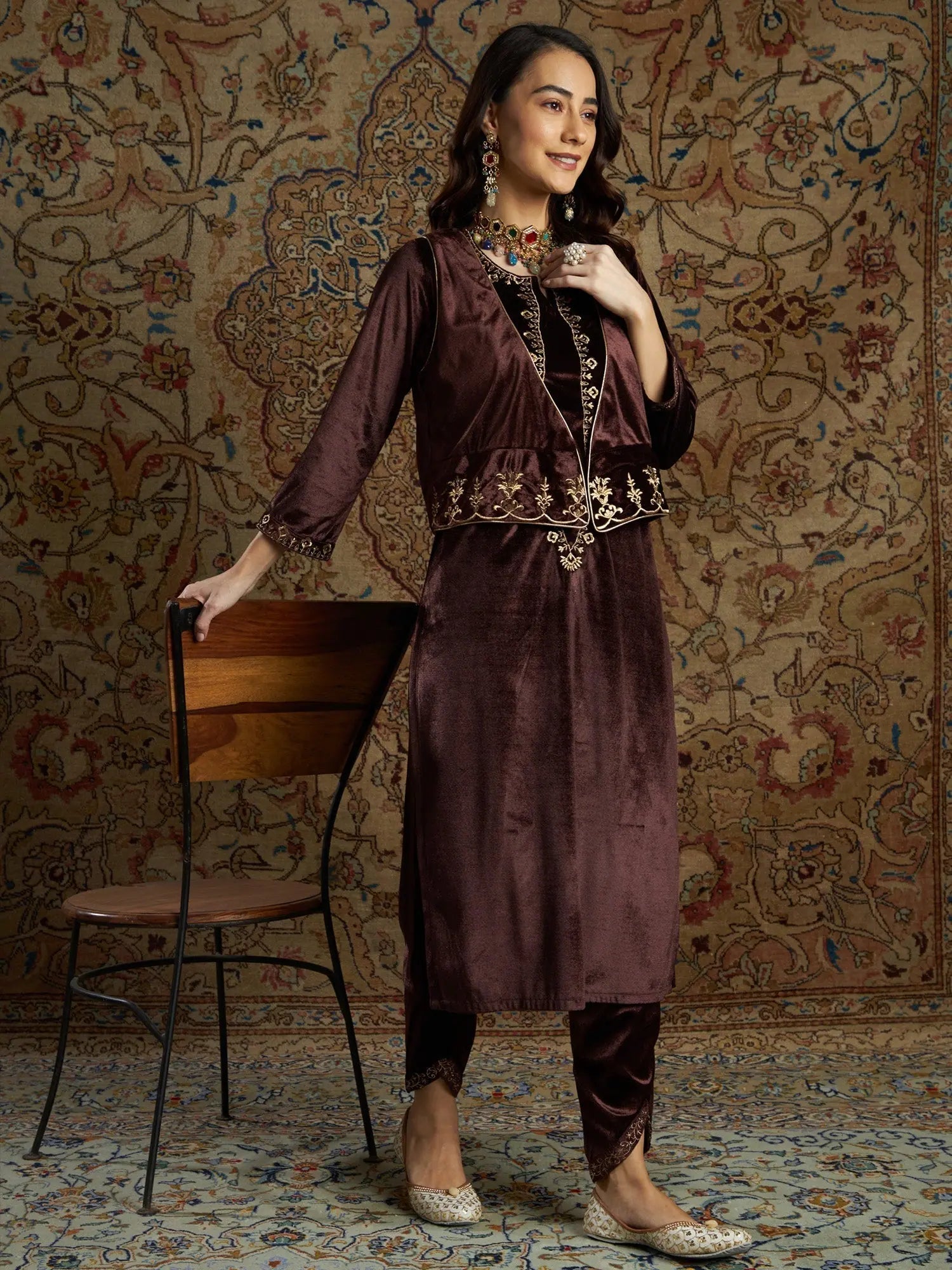 Brown Velvet Kurta Set with Waistcoat | Designer Kurta Sets