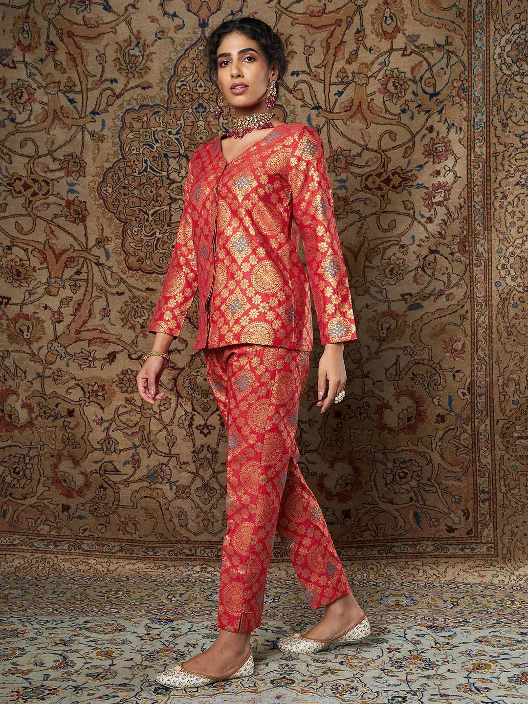 Red Brocade Shirt & Pants Set | Women's Indian Kurta Sets