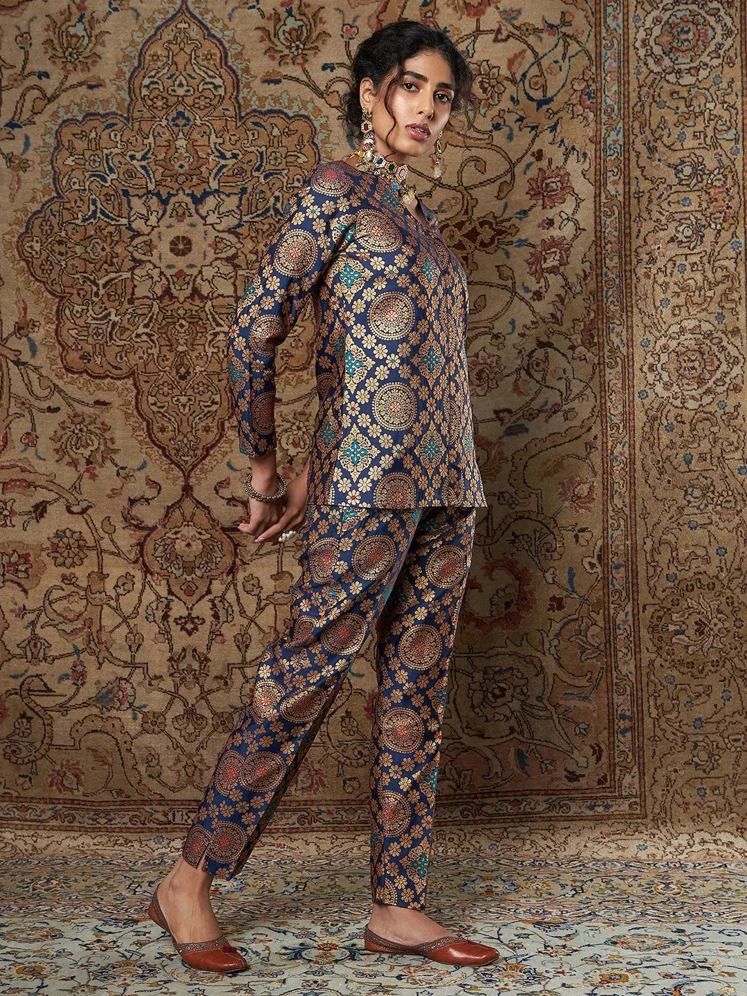 Navy Brocade Shirt & Pants Set | Women's Indian Kurta Sets