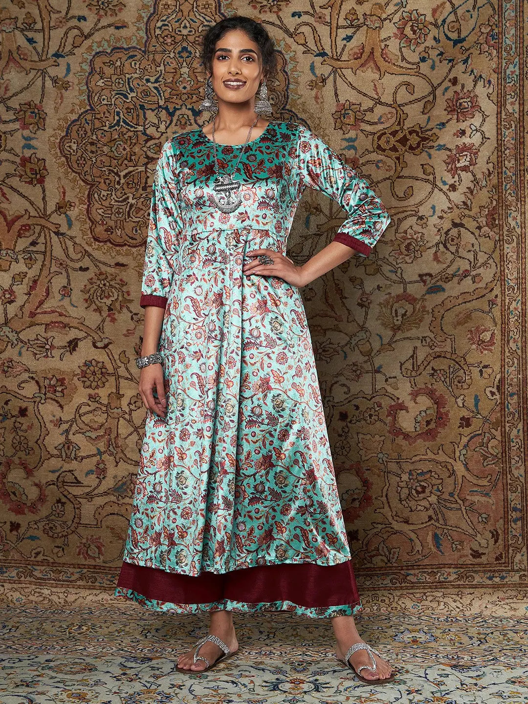 Sea Green Velvet Kurta Set - Women's Printed Palazzo Pants Set