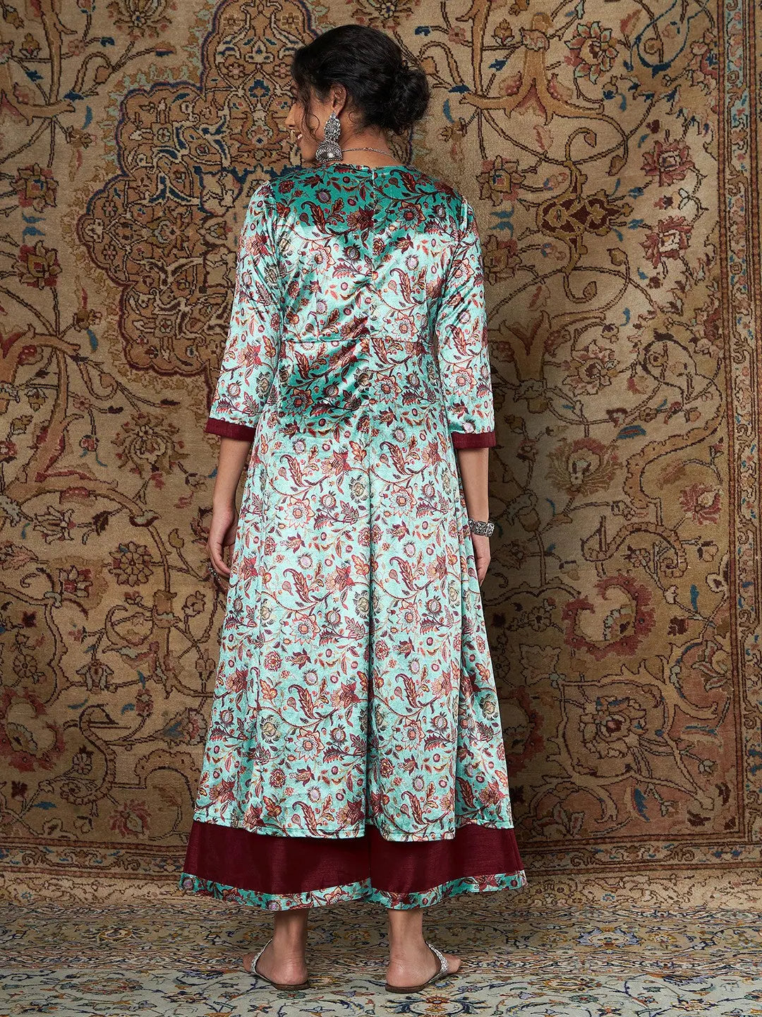 Sea Green Velvet Kurta Set - Women's Printed Palazzo Pants Set