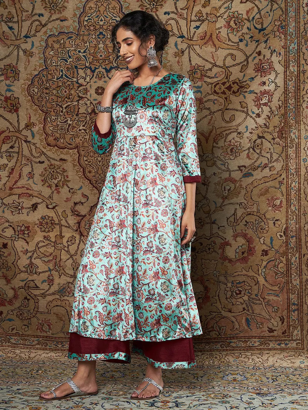 Sea Green Velvet Kurta Set - Women's Printed Palazzo Pants Set