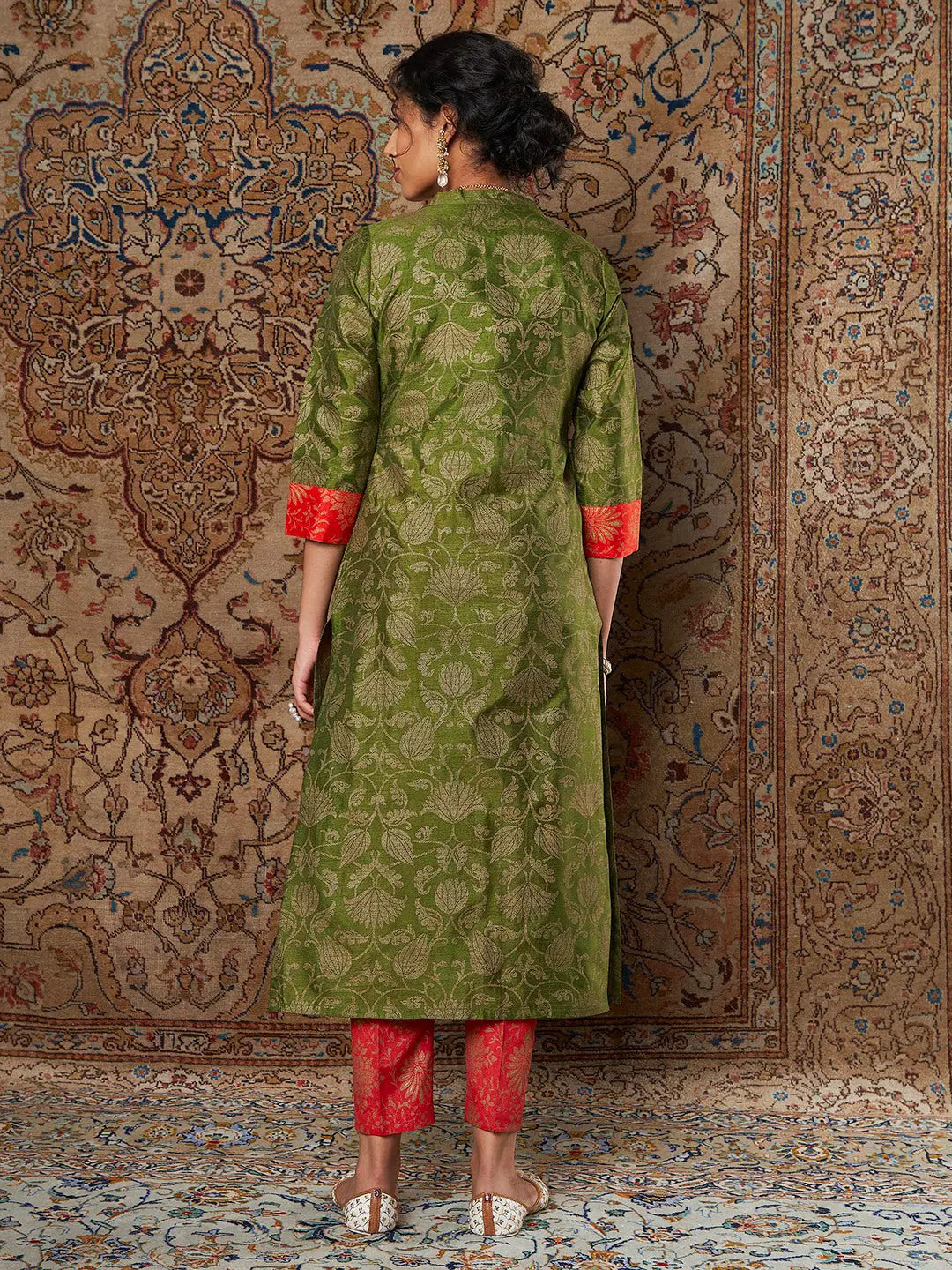 Green Brocade Kurta Set: Floral Print Women's Indian Kurta Sets