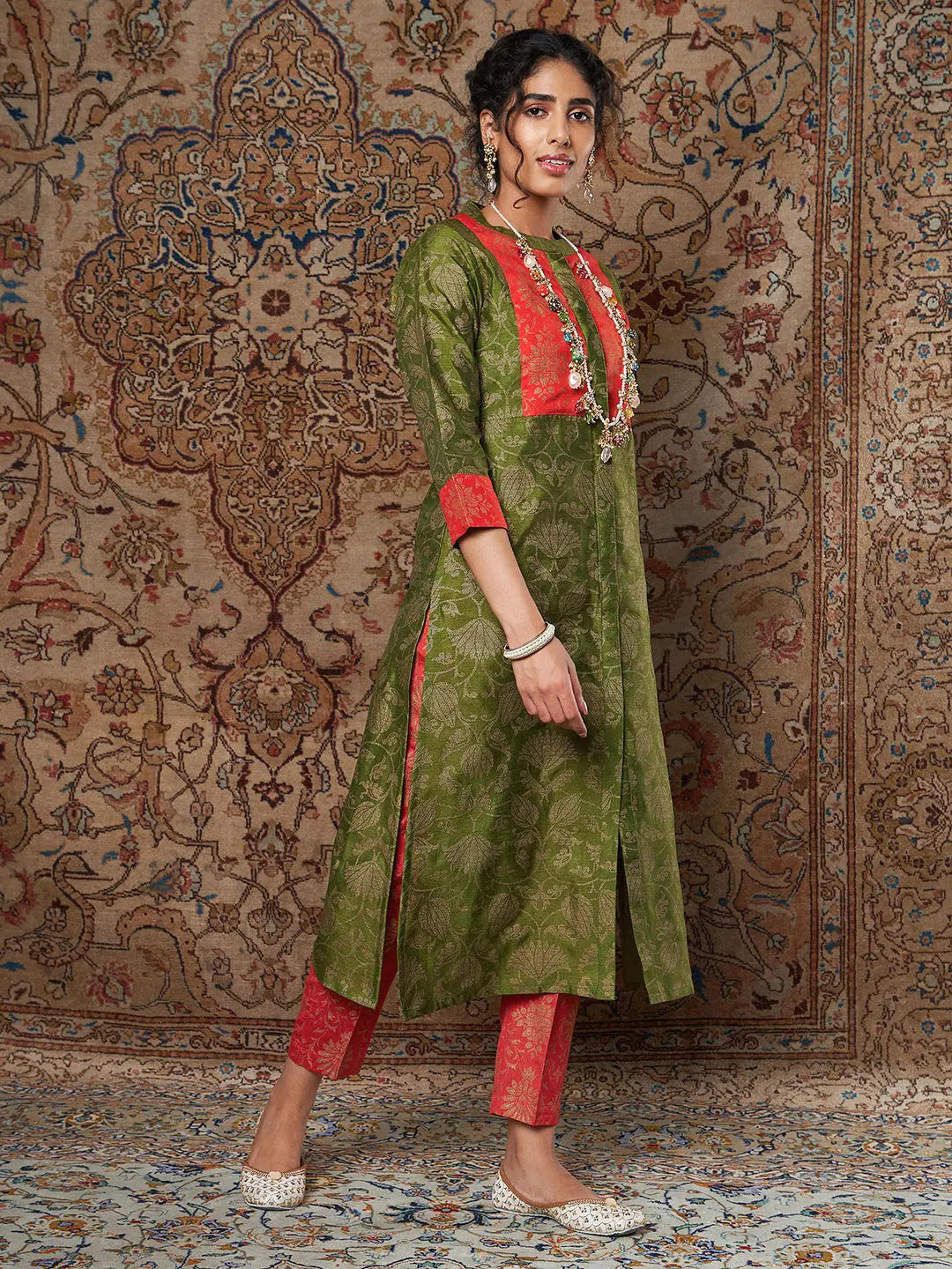 Green Brocade Kurta Set: Floral Print Women's Indian Kurta Sets