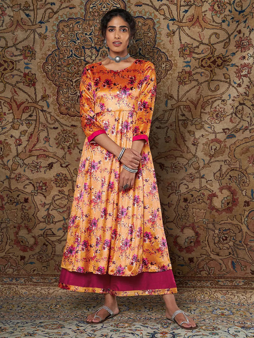 Orange Floral Kurta Palazzo Set - Women's Velvet Elegance!