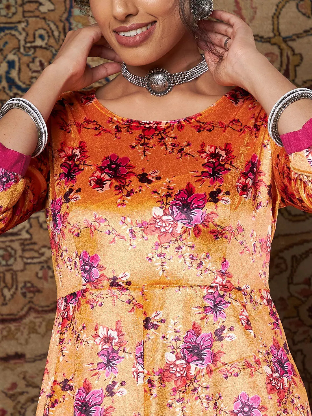 Orange Floral Kurta Palazzo Set - Women's Velvet Elegance!