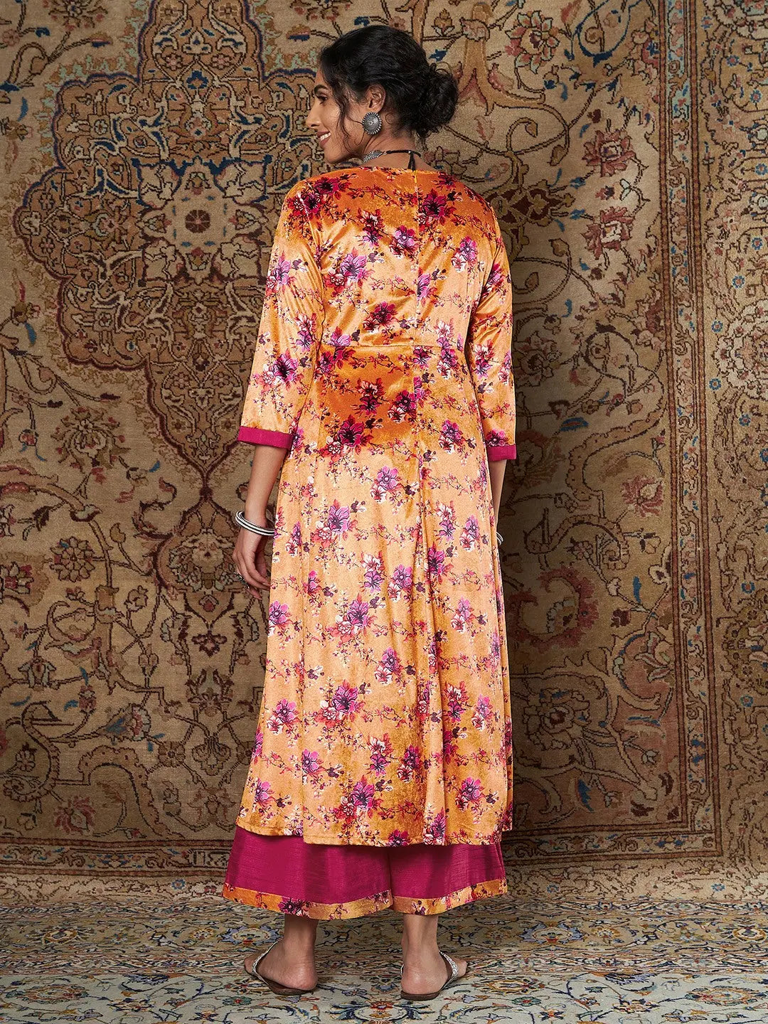 Orange Floral Kurta Palazzo Set - Women's Velvet Elegance!