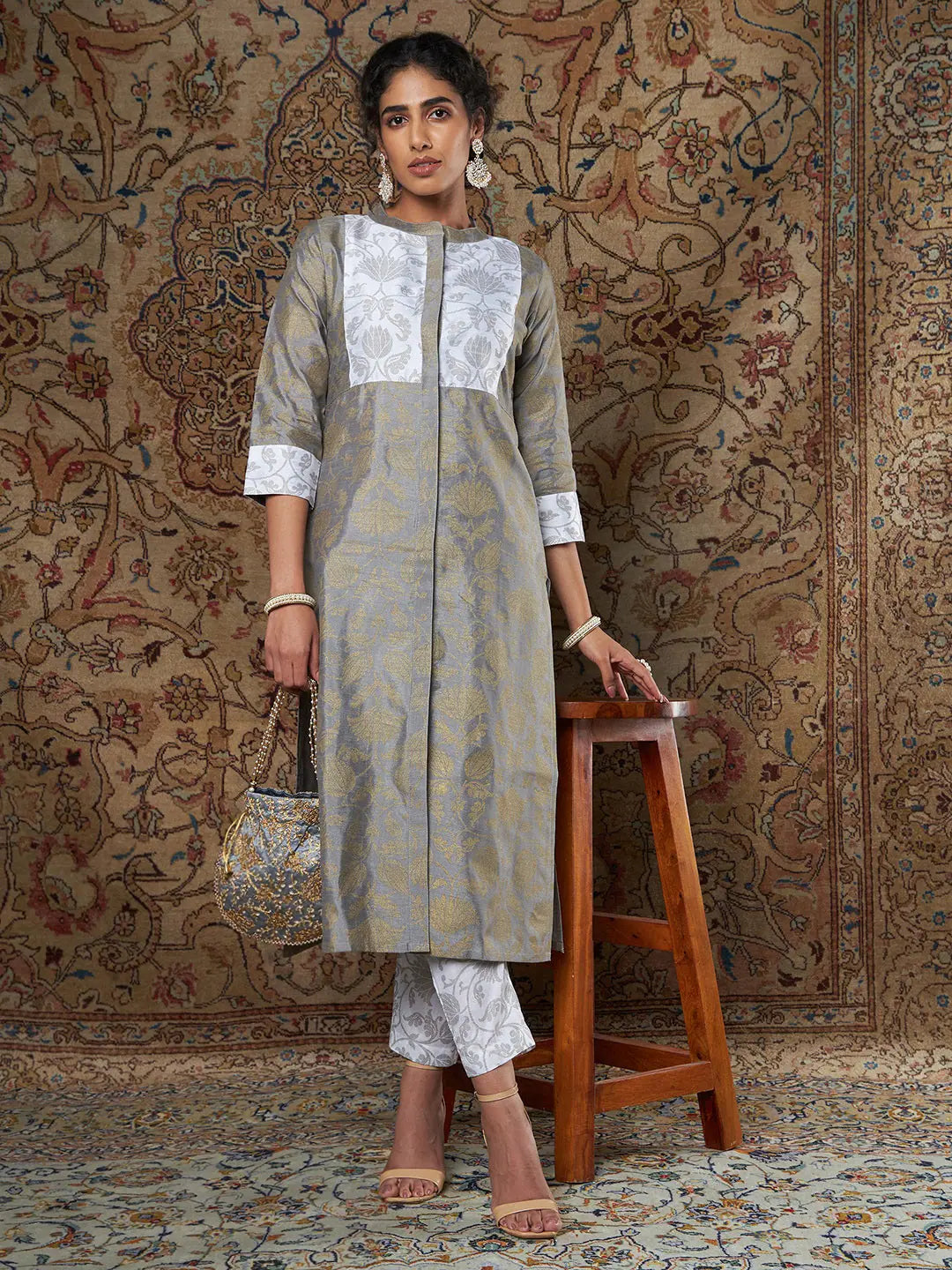 Grey Brocade Floral Women's Kurta Set | Indian Kurta Sets