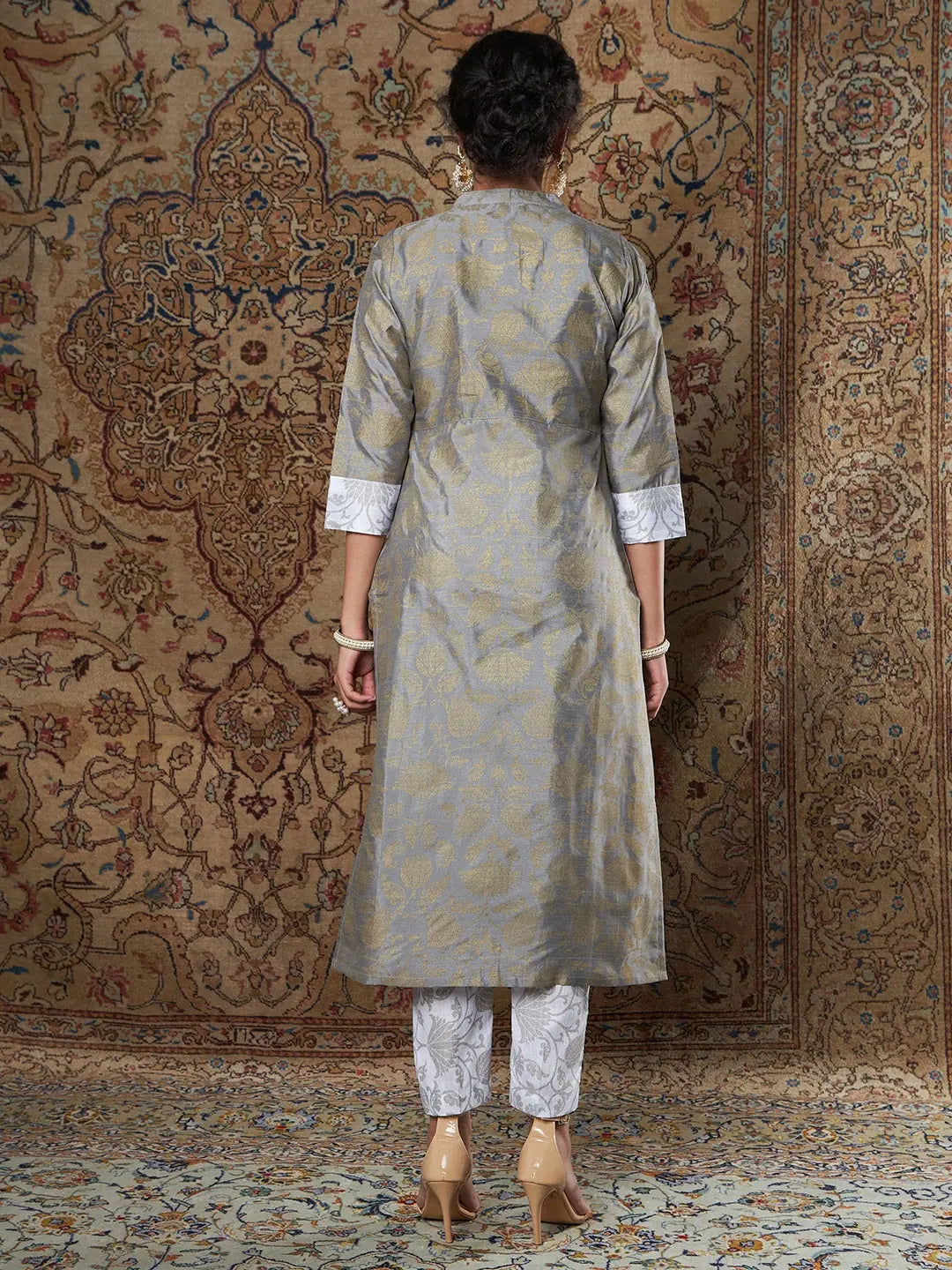 Grey Brocade Floral Women's Kurta Set | Indian Kurta Sets