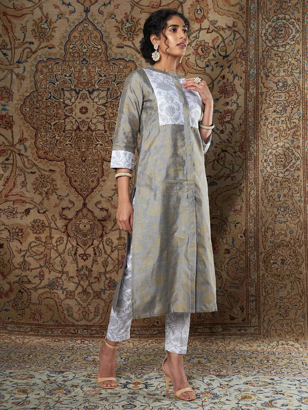 Grey Brocade Floral Women's Kurta Set | Indian Kurta Sets