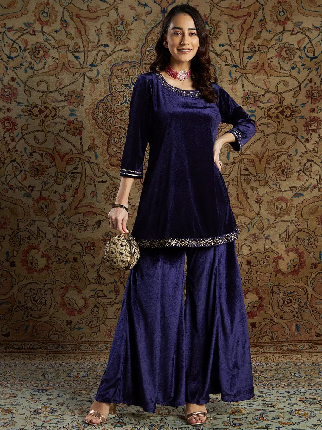 Navy Velvet Bell Bottom Pants | Designer Ethnic Pants for Women