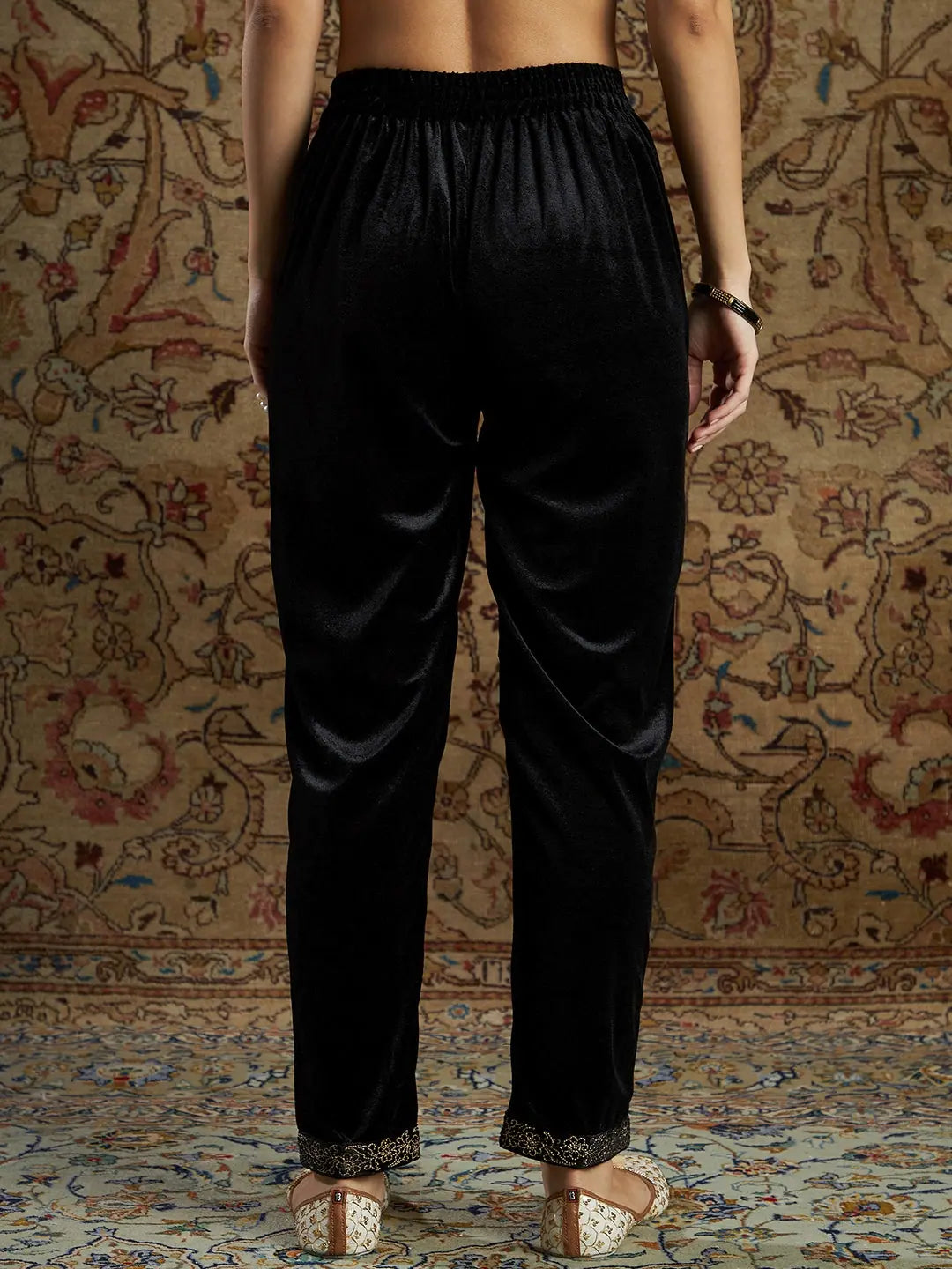 Black Velvet Zari Embroidered Pencil Pants | Ethnic Pants Online