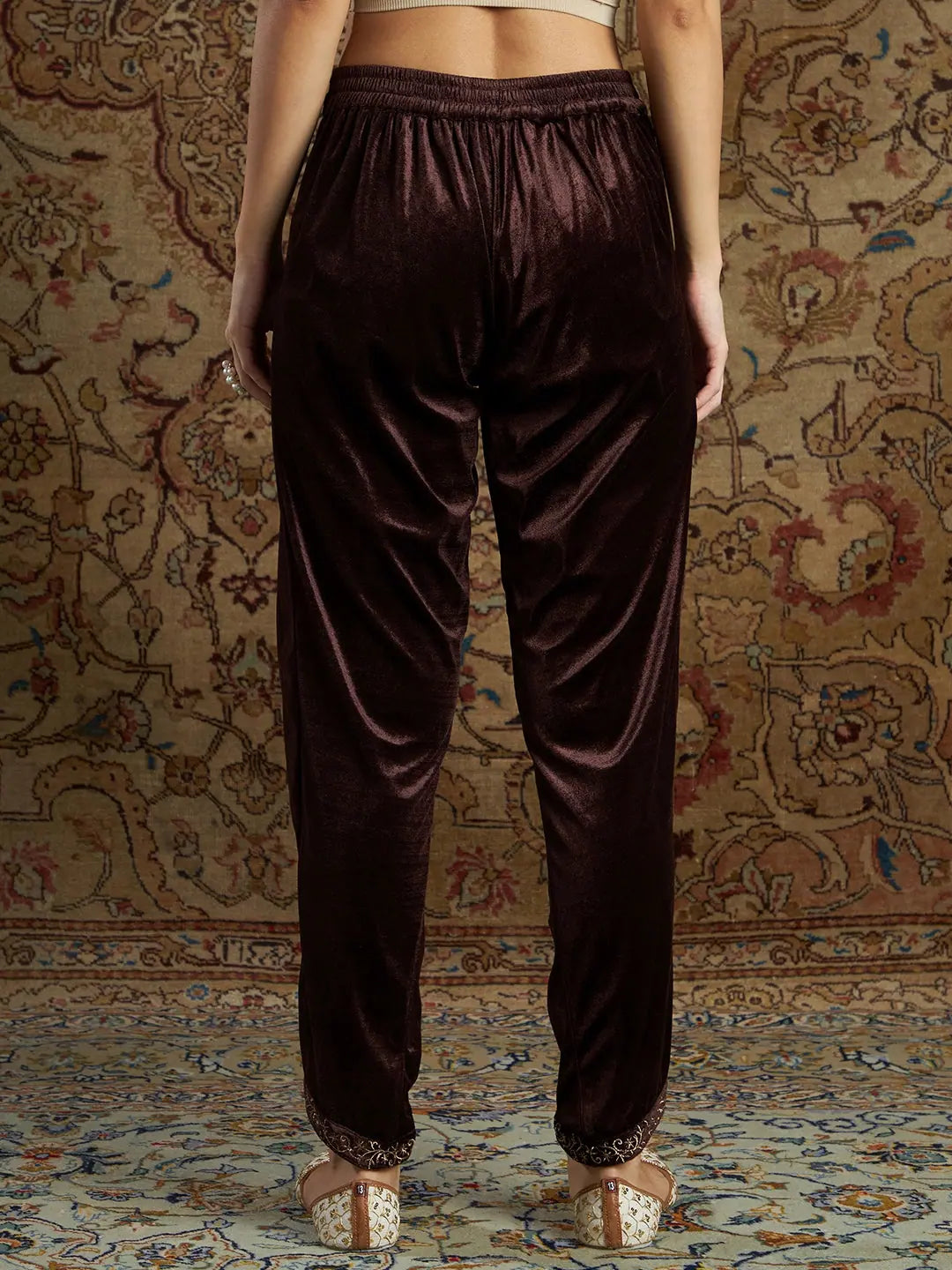 Brown Velvet Zari Tulip Pants | Designer Ethnic Pants for Women