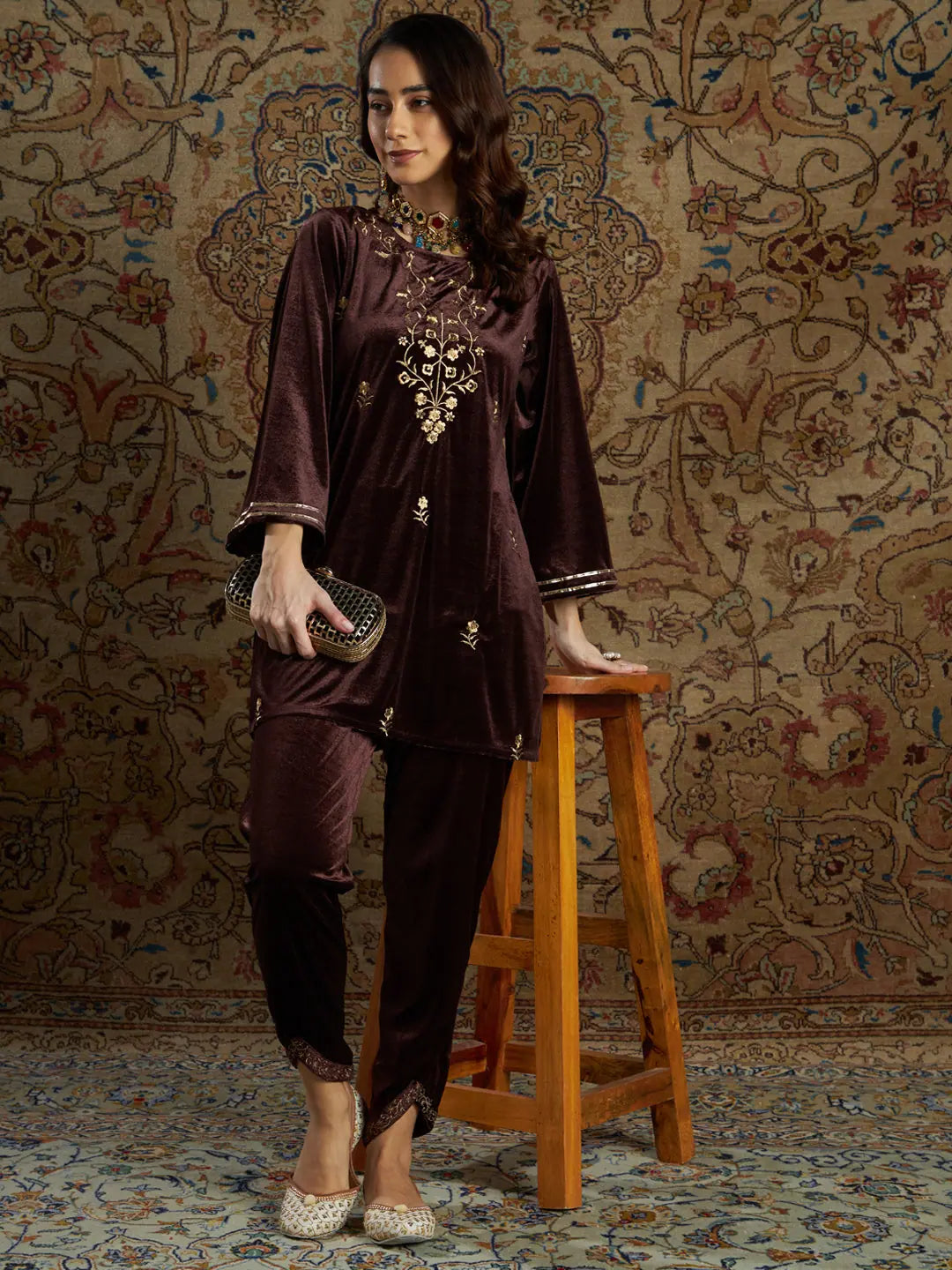 Brown Velvet Zari Tulip Pants | Designer Ethnic Pants for Women