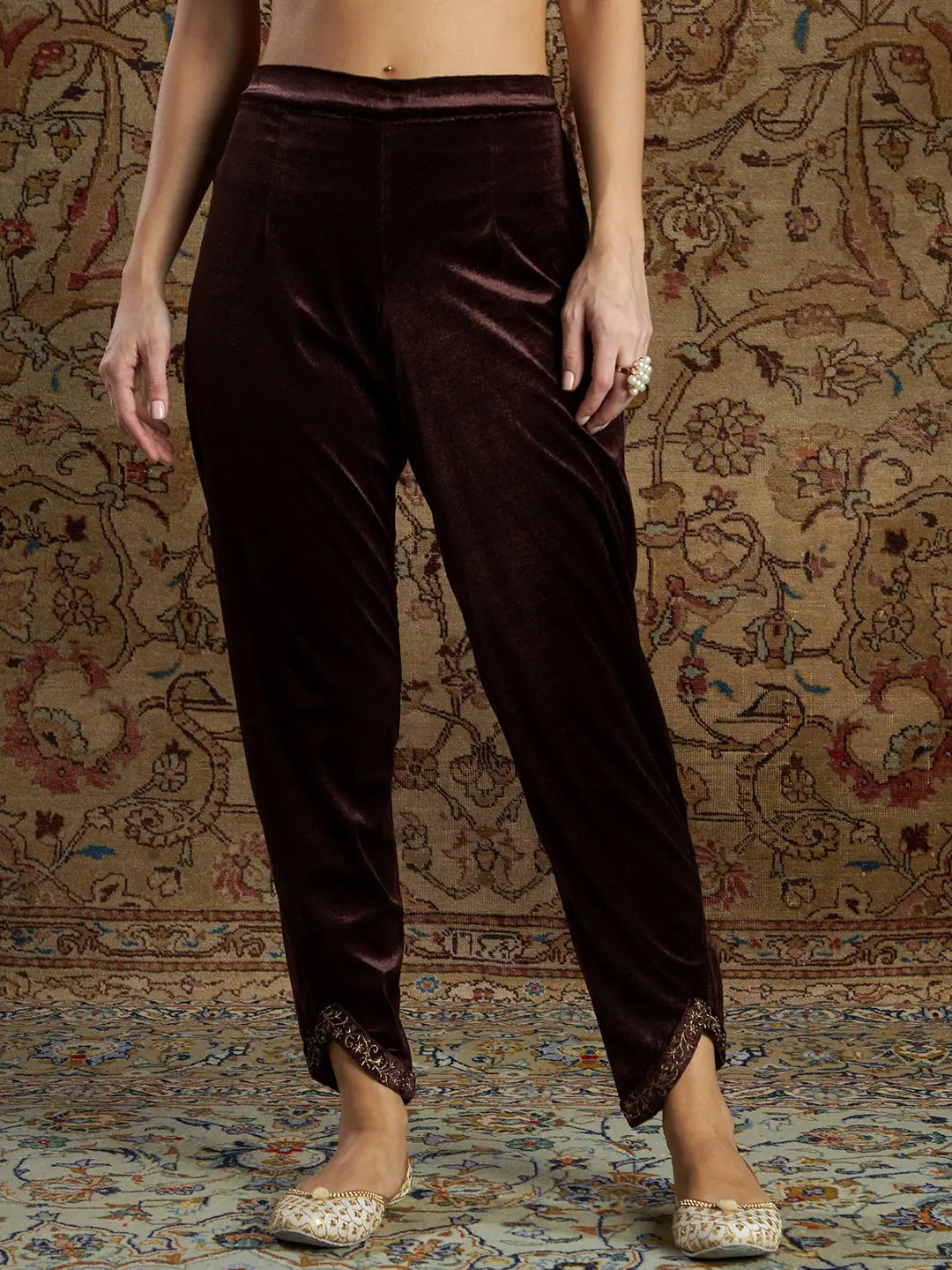 Brown Velvet Zari Tulip Pants | Designer Ethnic Pants for Women