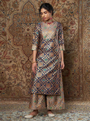 Women Navy & Grey Brocade Straight Yoke Kurta