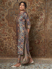 Women Navy & Grey Brocade Straight Yoke Kurta