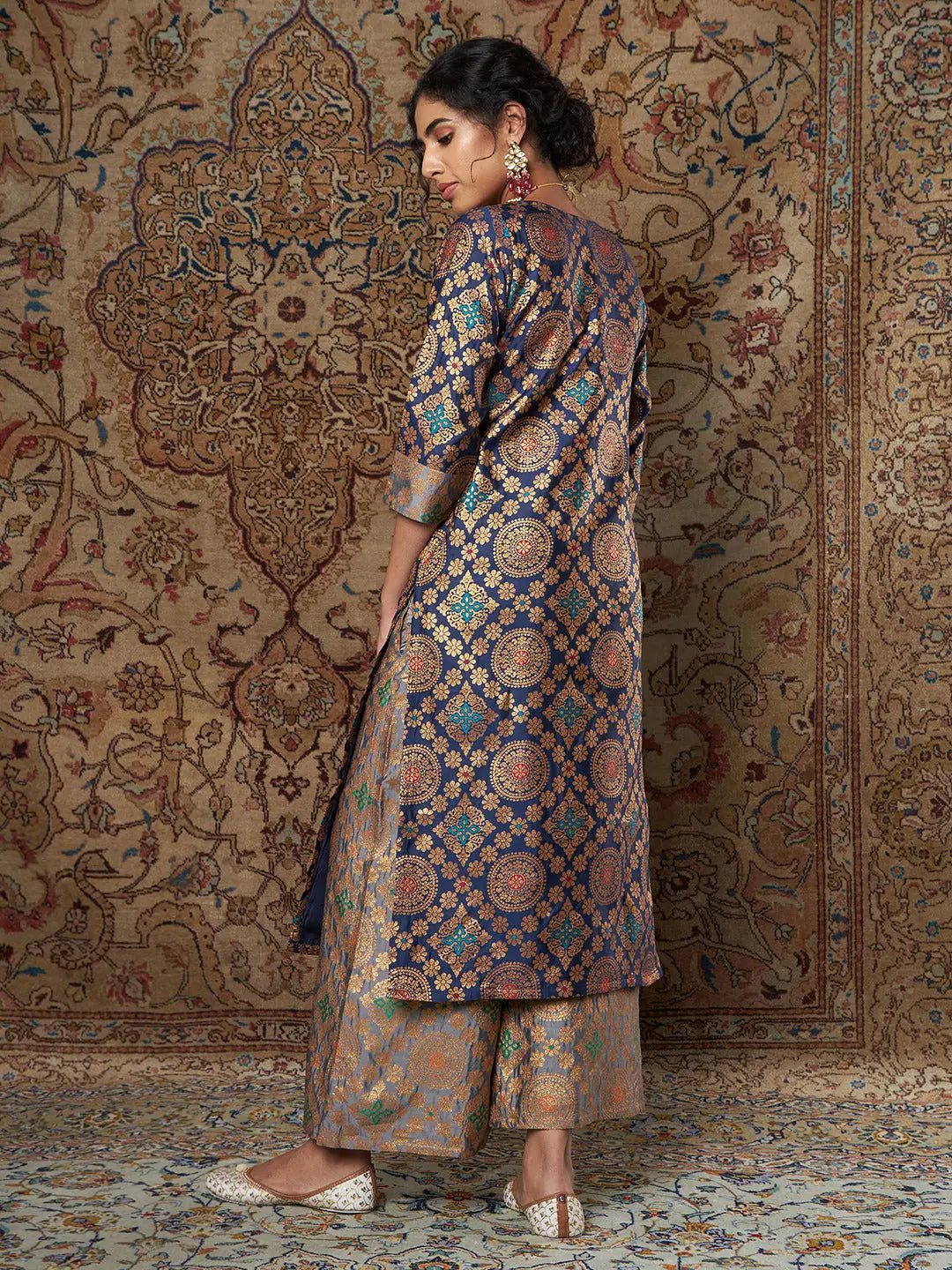 Navy & Grey Brocade Indian Kurta - Stylish Ladies Kurta