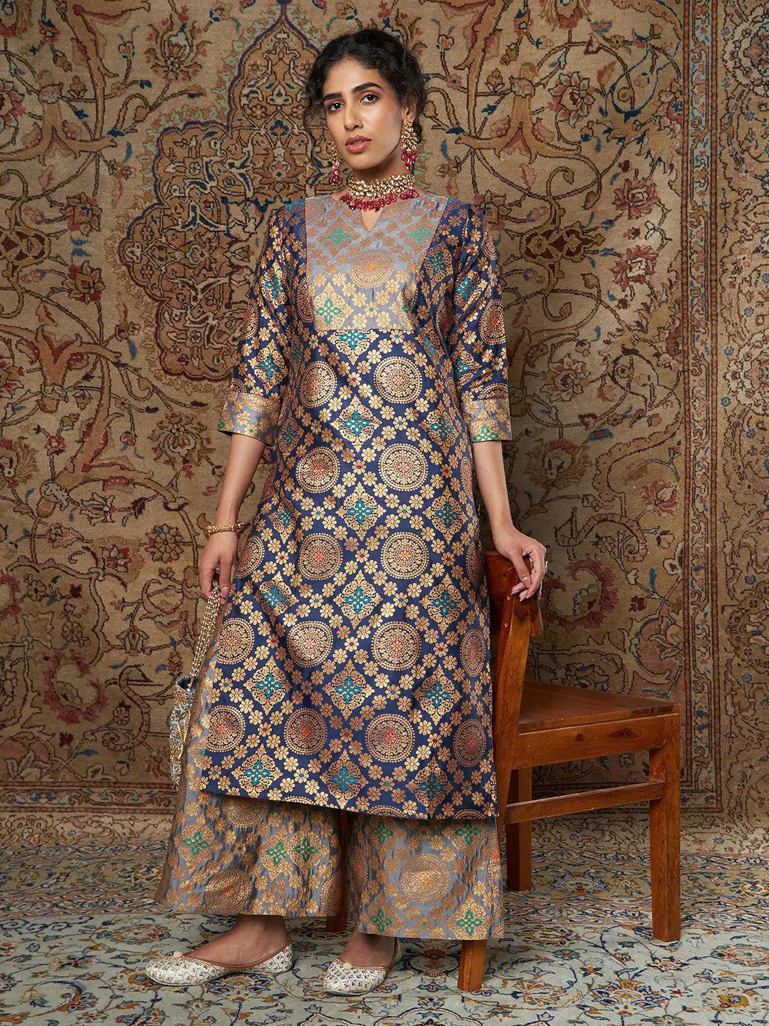 Women Navy & Grey Brocade Straight Yoke Kurta