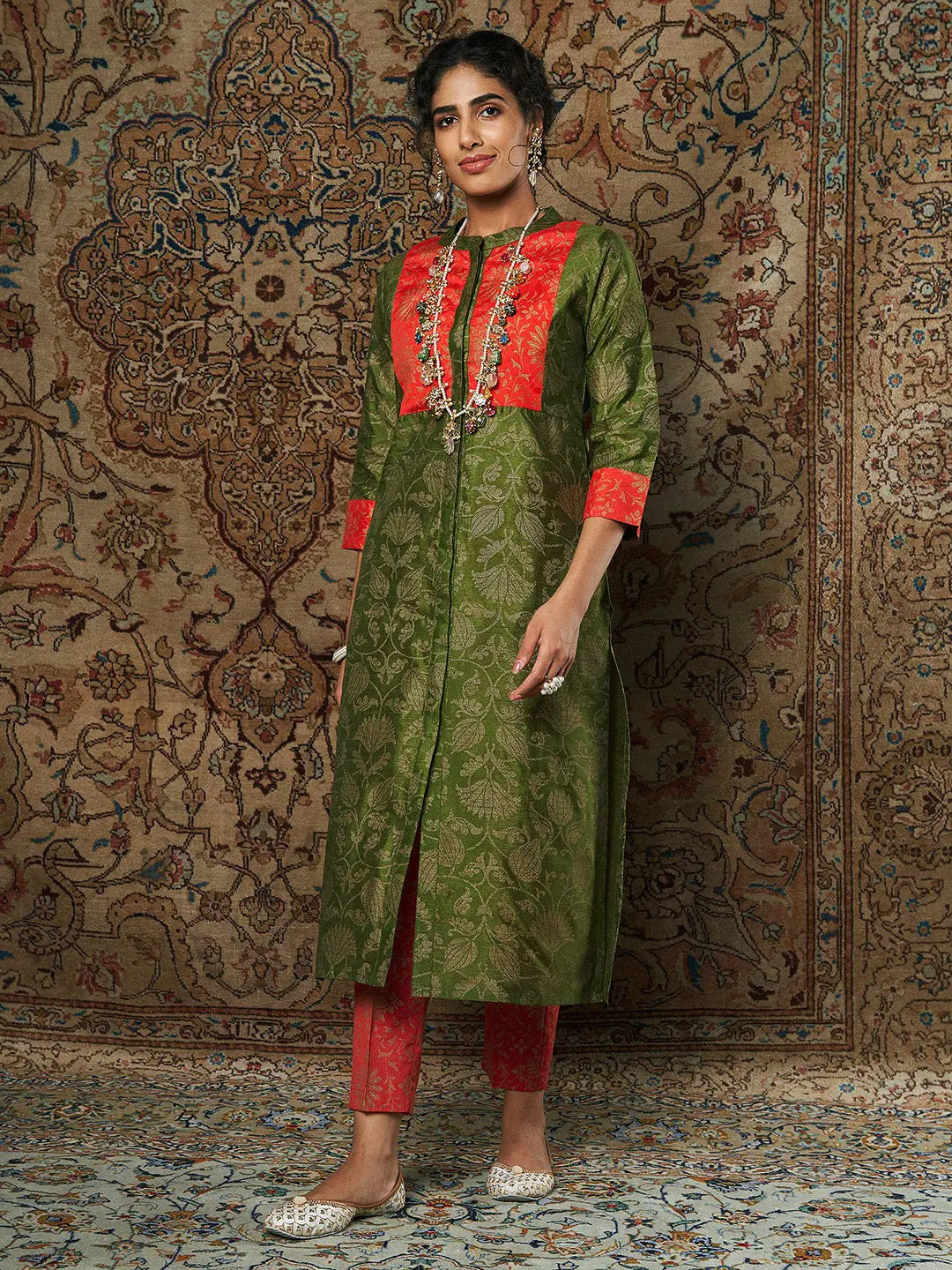 Green Floral Brocade Indian Kurtis for Women - Stylish Design