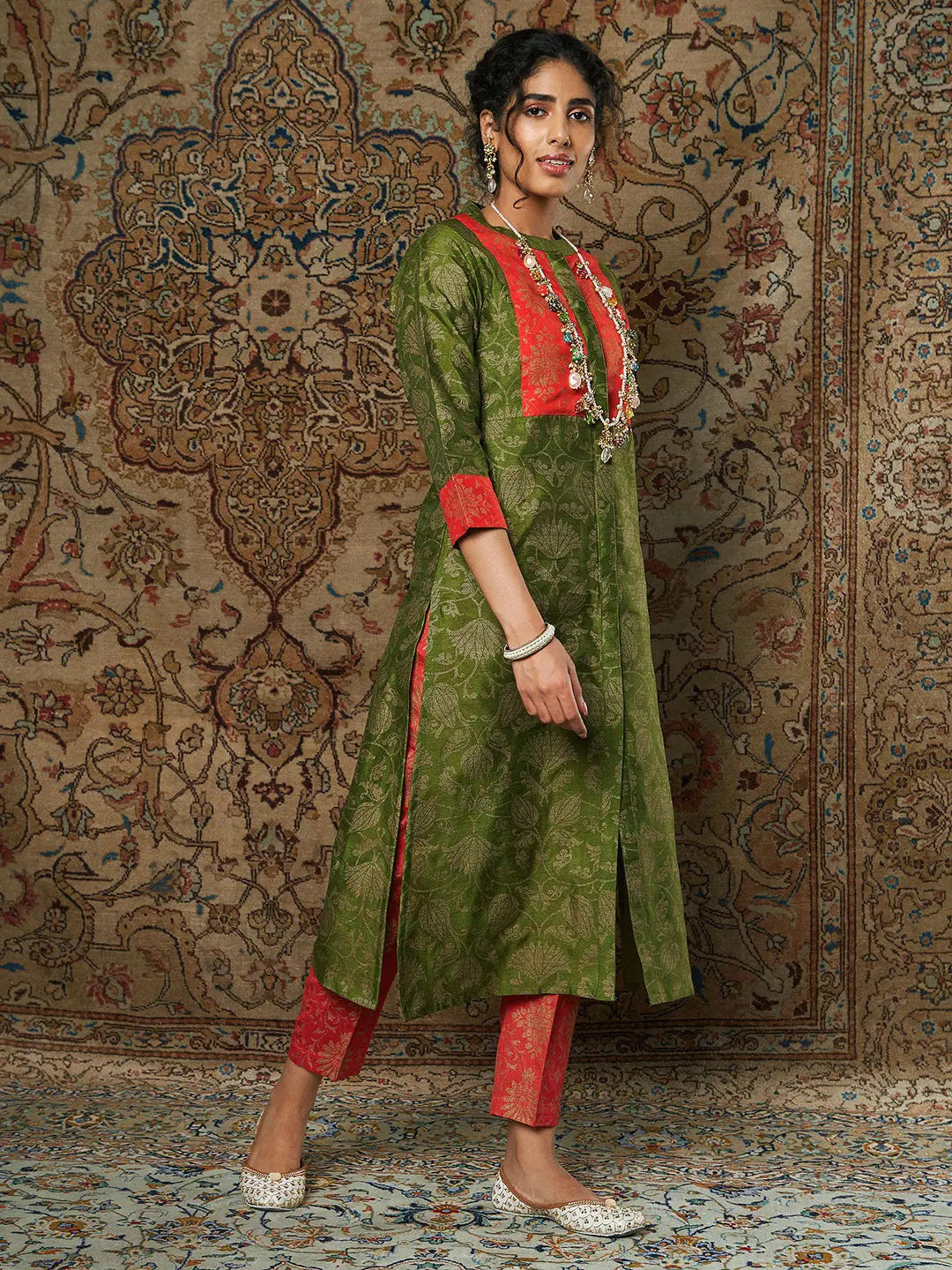 Green Floral Brocade Indian Kurtis for Women - Stylish Design