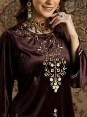 Women Brown Velvet Zari Embroidered Short Kurta