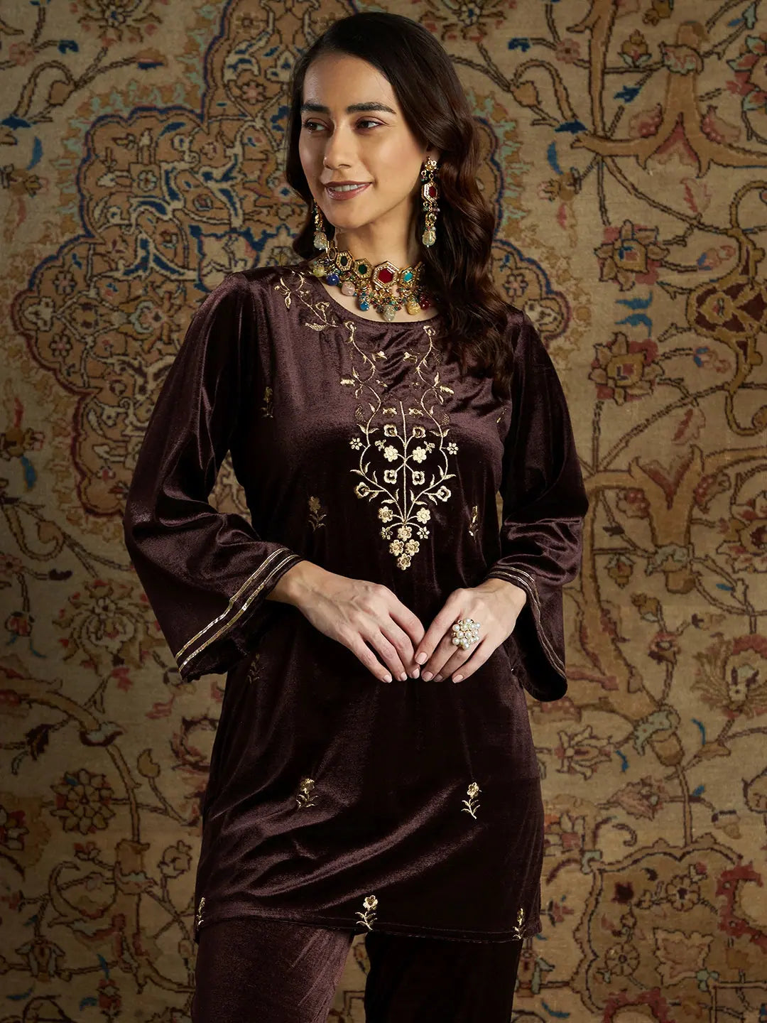Brown Velvet Indian Kurtis - Zari Embroidered Tunic Top Style