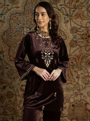 Women Brown Velvet Zari Embroidered Short Kurta