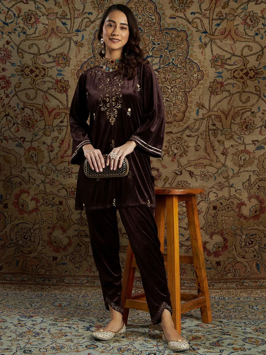 Brown Velvet Indian Kurtis - Zari Embroidered Tunic Top Style