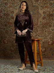 Women Brown Velvet Zari Embroidered Short Kurta