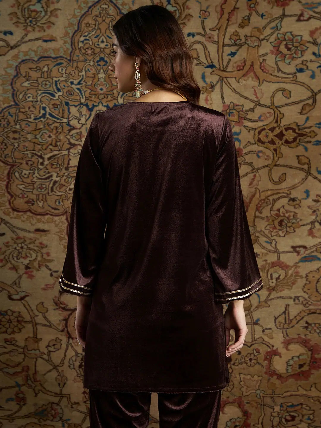 Brown Velvet Indian Kurtis - Zari Embroidered Tunic Top Style