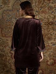 Women Brown Velvet Zari Embroidered Short Kurta
