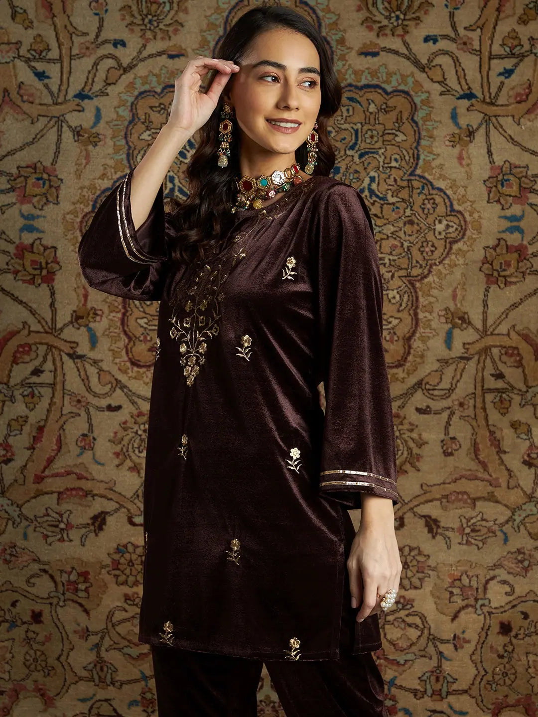 Brown Velvet Indian Kurtis - Zari Embroidered Tunic Top Style