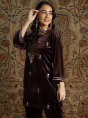 Women Brown Velvet Zari Embroidered Short Kurta