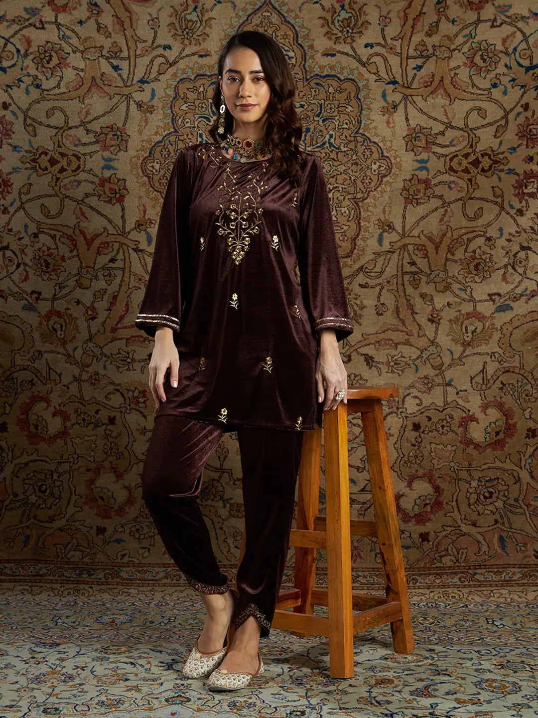 Brown Velvet Indian Kurtis - Zari Embroidered Tunic Top Style