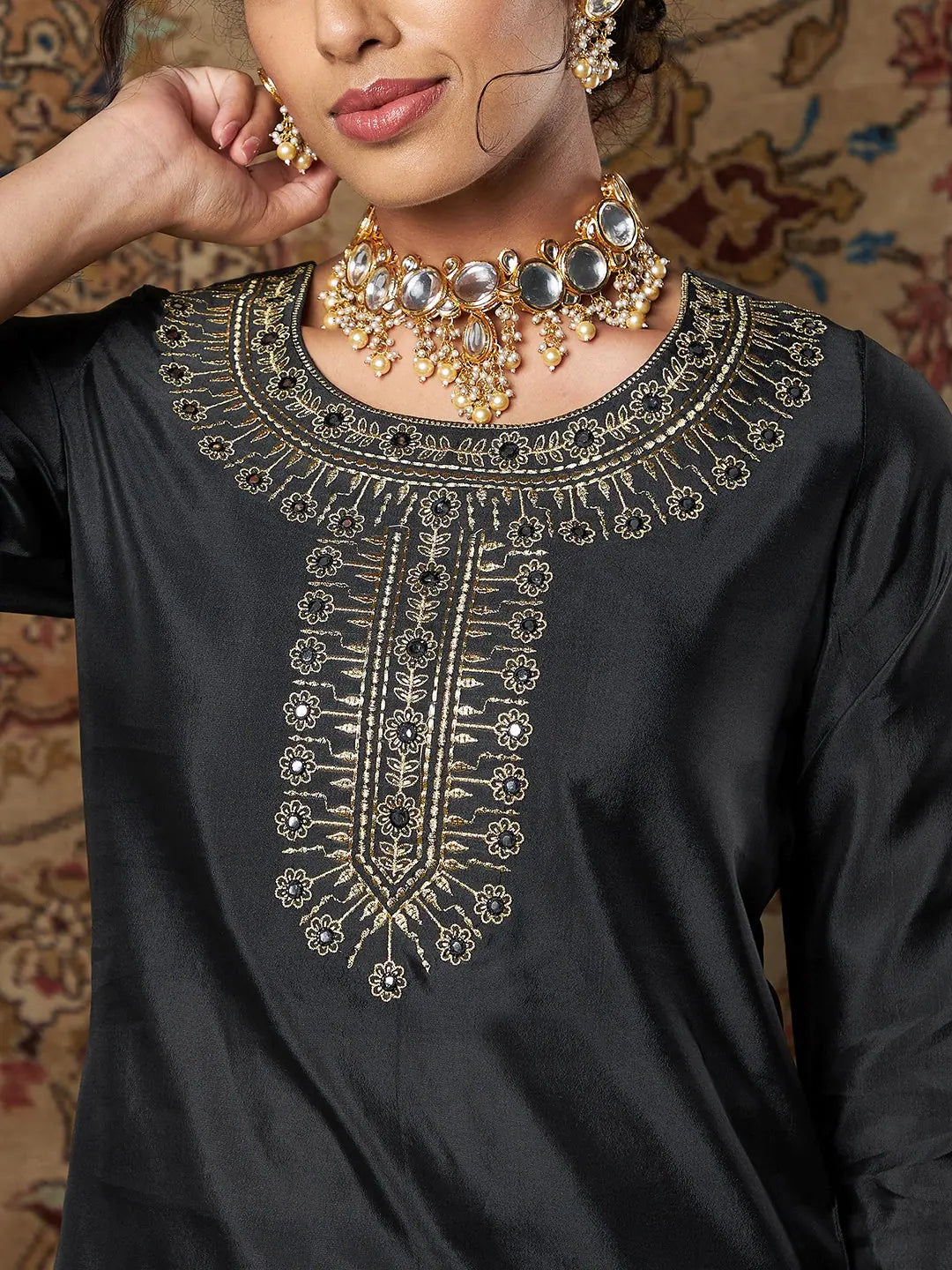 Black Zari Embroidered Indian Kurta for Women - Elegant Style