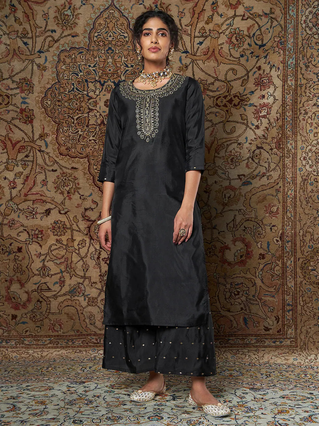 Black Zari Embroidered Indian Kurta for Women - Elegant Style