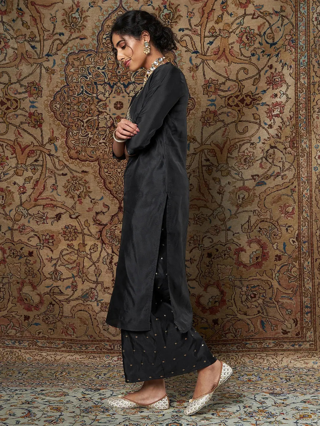 Black Zari Embroidered Indian Kurta for Women - Elegant Style