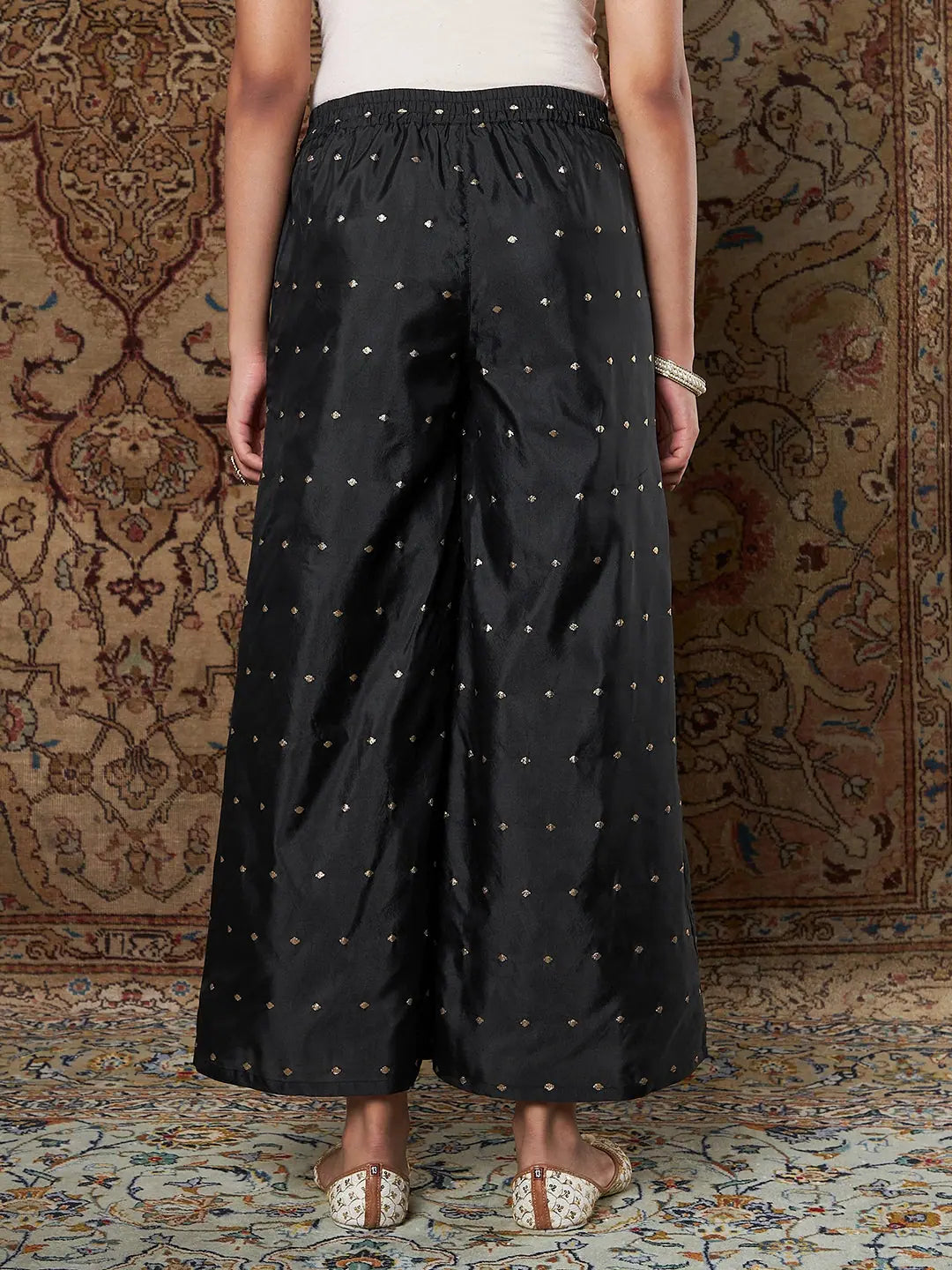 Black Jacquard Palazzo Pants for Women | Designer Trousers
