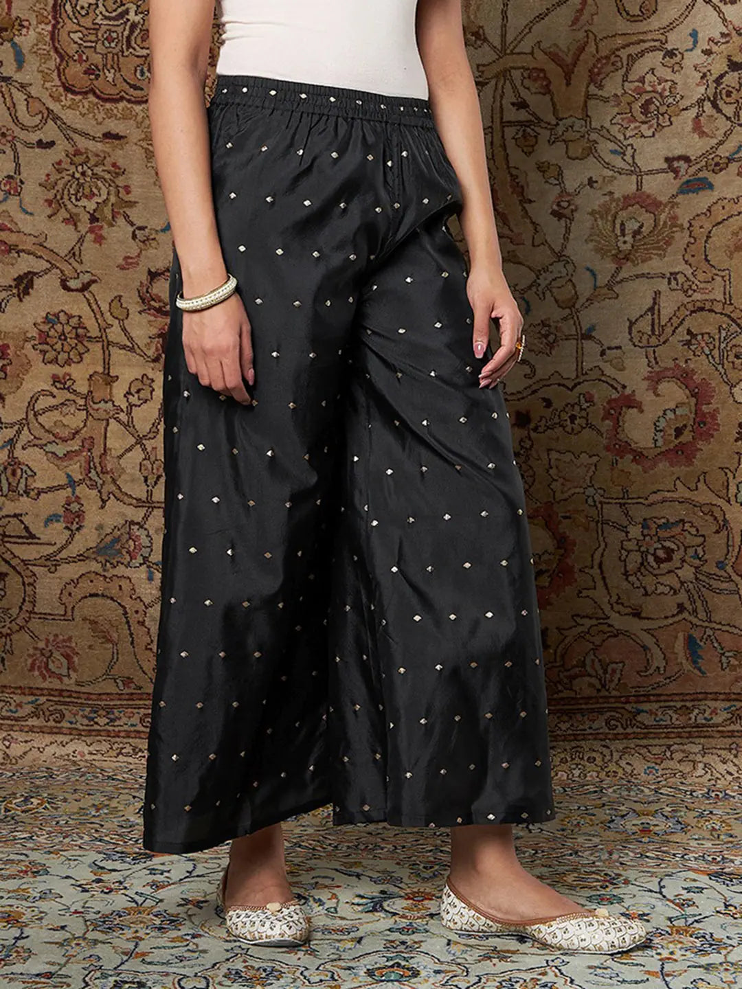 Black Jacquard Palazzo Pants for Women | Designer Trousers