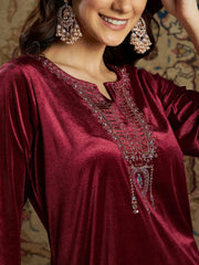 Women Maroon Velvet Zari Embroidered Kurta