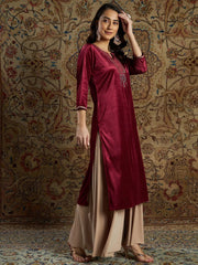 Women Maroon Velvet Zari Embroidered Kurta
