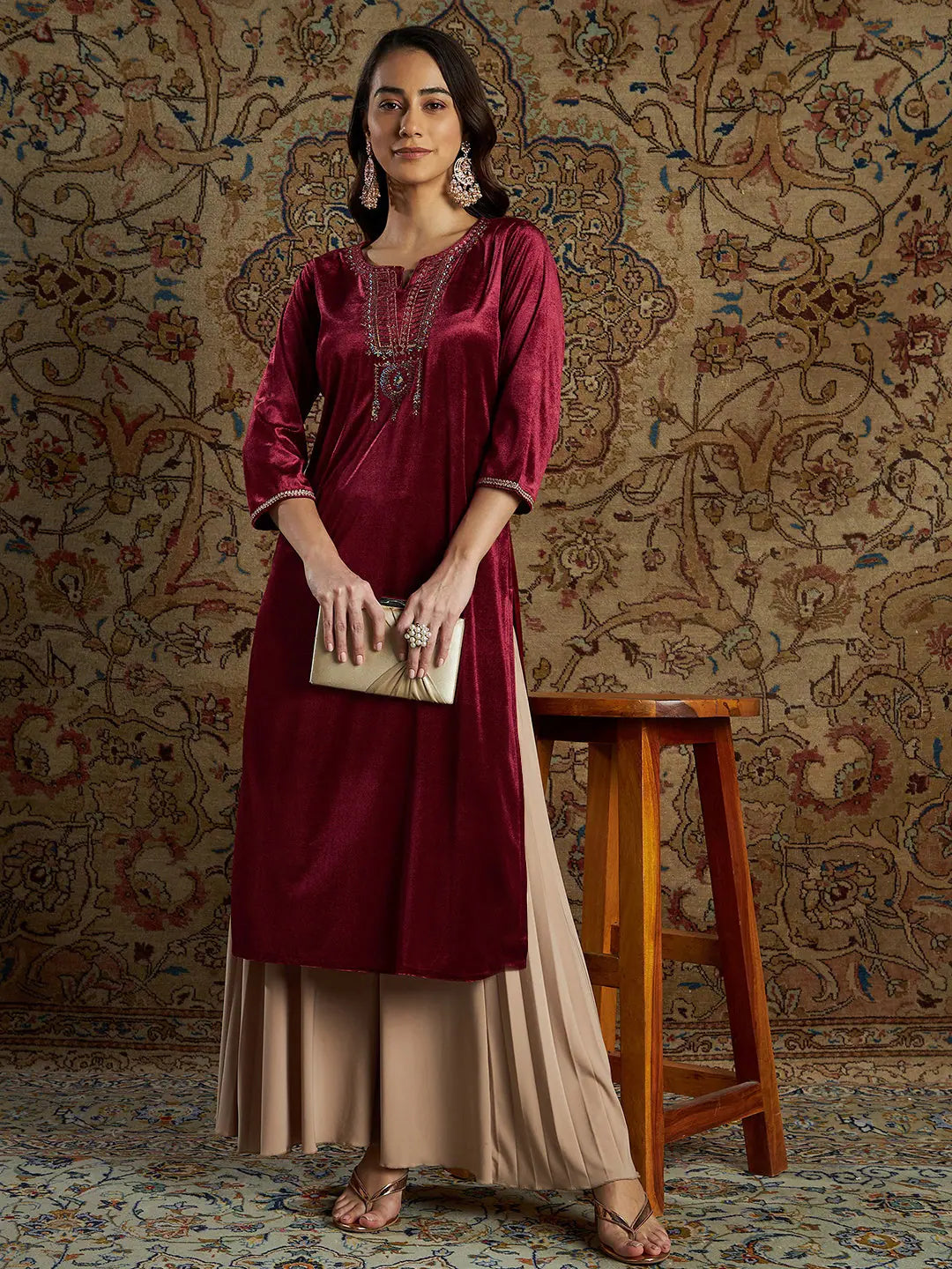 Maroon Velvet Embroidered Indian Kurta - Stylish Indian Kurtis