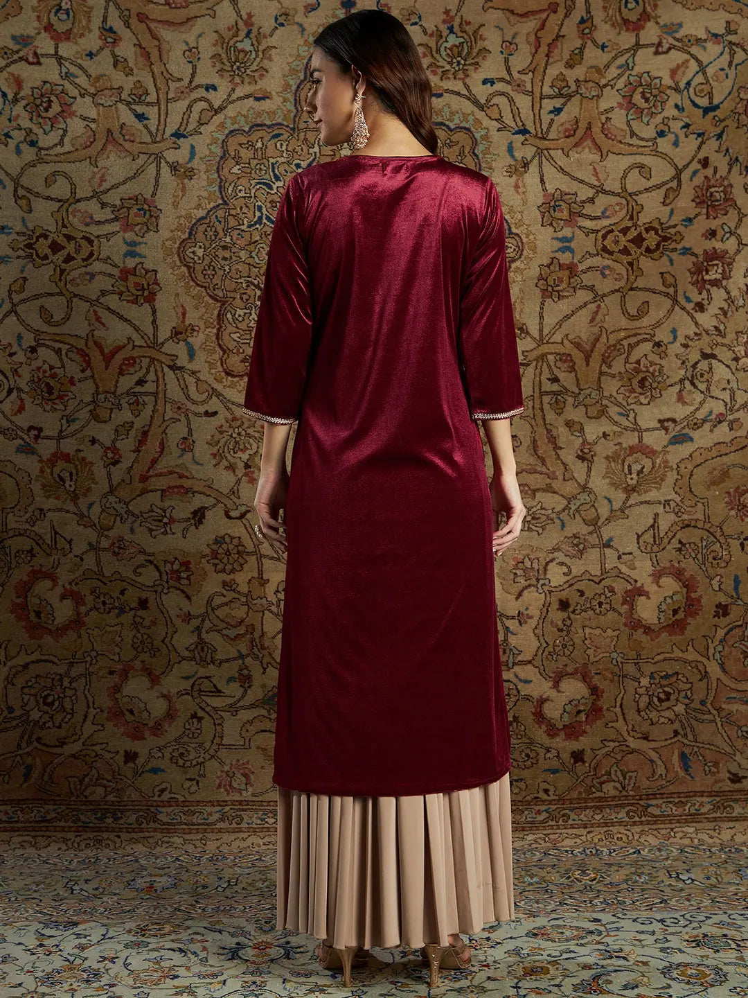 Maroon Velvet Embroidered Indian Kurta - Stylish Indian Kurtis