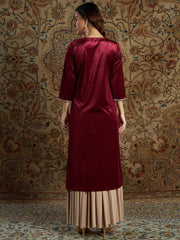 Women Maroon Velvet Zari Embroidered Kurta