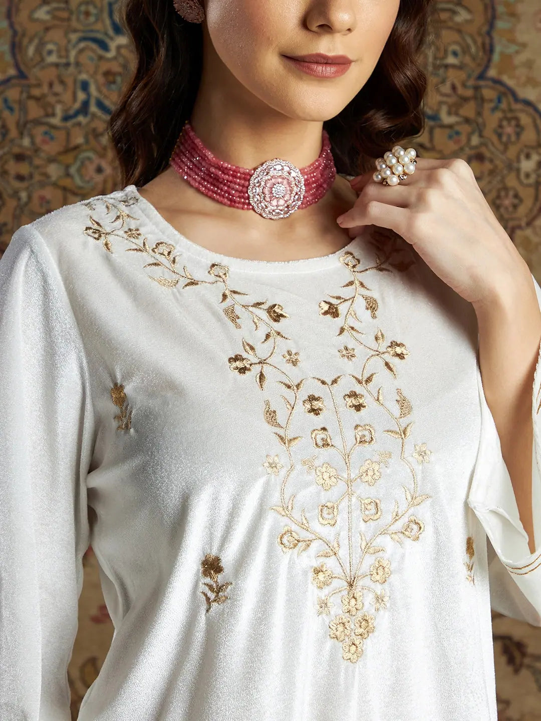 White Velvet Indian Kurta - Zari Embroidered Tunic Tops for Women